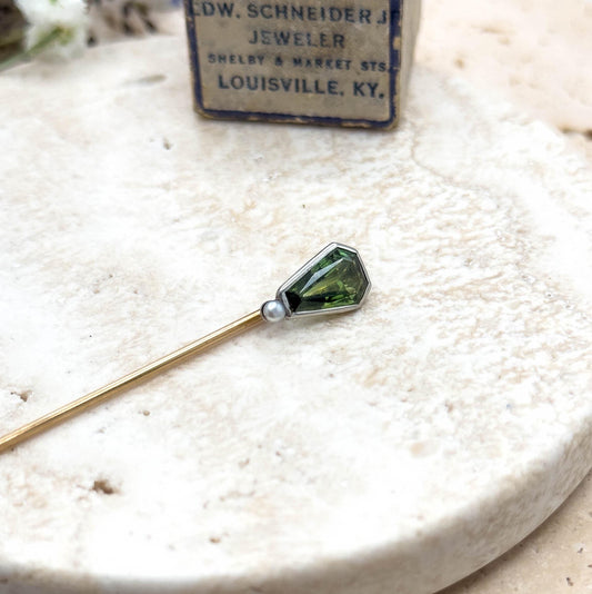 Stunning Art Deco Tourmaline Stick Pin with Pearl in 14K Yellow Gold and Platinum Shield Shaped