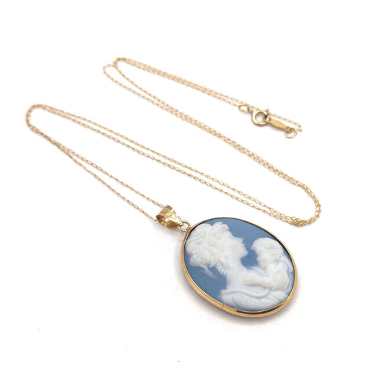 Vintage Mother & Child Jasperware Cameo Pendant Necklace in 10K Gold