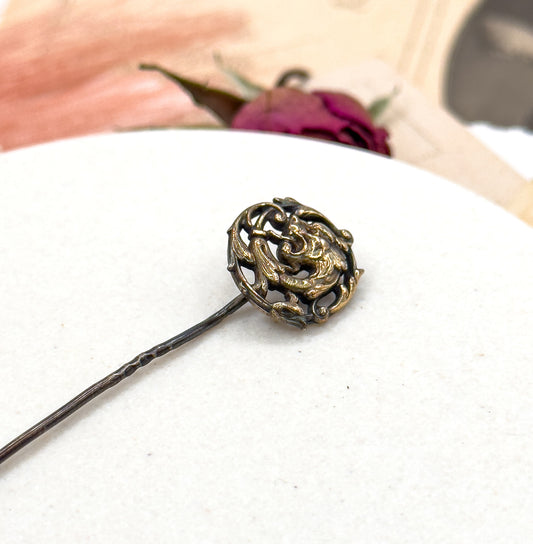Antique Art Nouveau French Dragon Stick Pin, Silver with Gold wash
