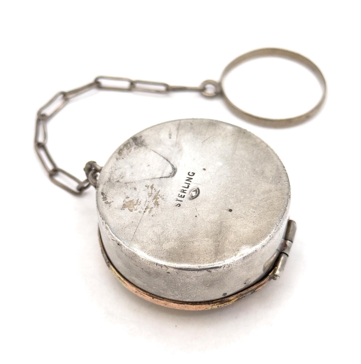 Antique Monogram M Chatelaine Compact Trinket Box in Sterling Silver Tri-tone gold