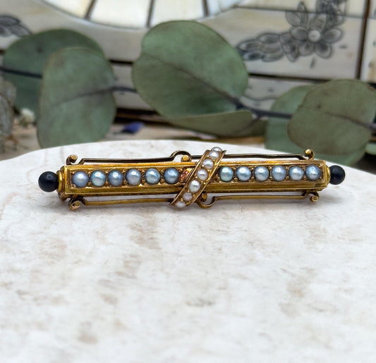 Victorian 14K Gold Bar Brooch: Seed Pearls & Black Enamel