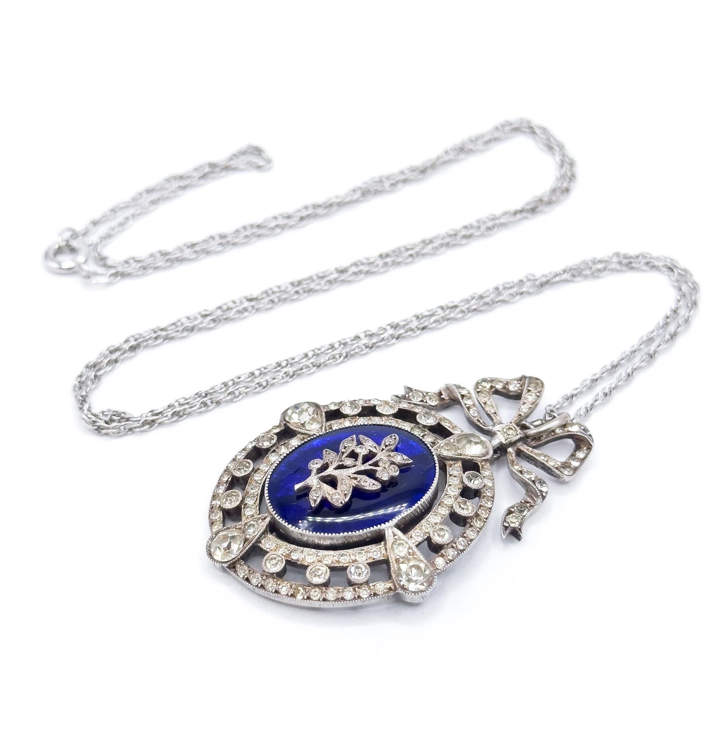 Antique Edwardian Garland Style Bow Necklace with Paste Gems in Silver w Blue Bristol Glass