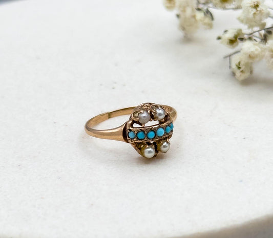 Antique Victorian Turquoise & Seed Pearl Ring in 9K Gold Split Seed Pearl 1800s