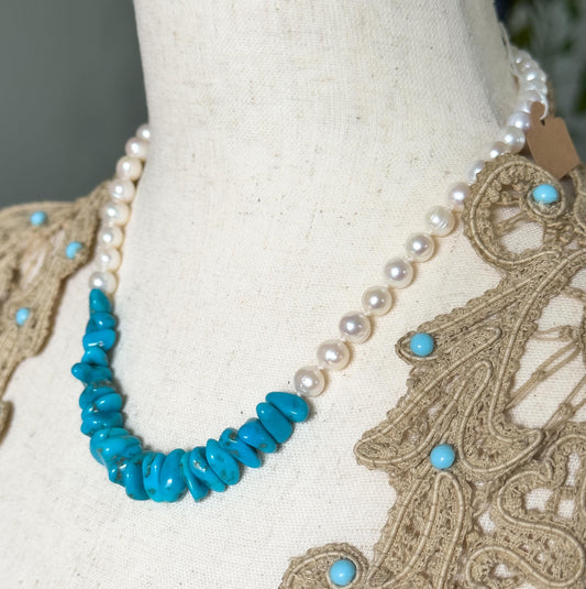 Pearl and Turquoise necklace bead vintage pearl necklace Arizona Sleeping beauty Turquoise necklace with sterling clasp Blue turquoise pearl