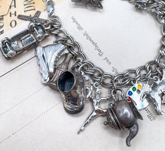 Vintage Charm Bracelet with Sterling Silver Charms Fully loaded charm bracelet 22 charms c