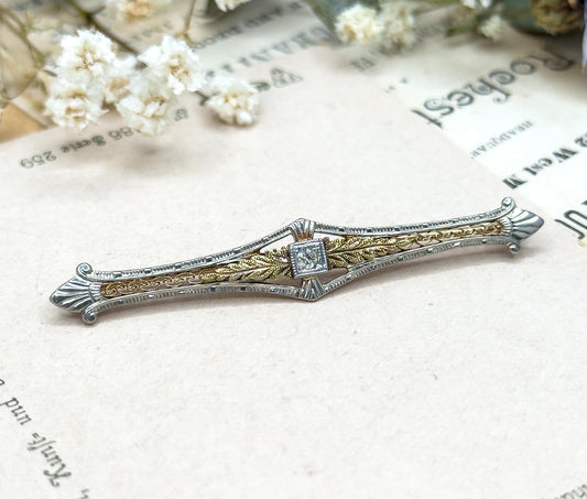 Antique Filigree Bar Pin in 10K Two Tone Yellow Gold White Gold Floral Leaf design