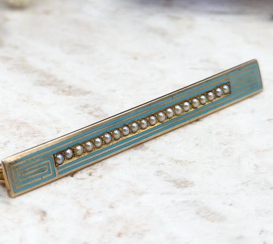 Antique Enamel Bar Brooch in 10K Yellow Gold with Seed Pearls Greek Key