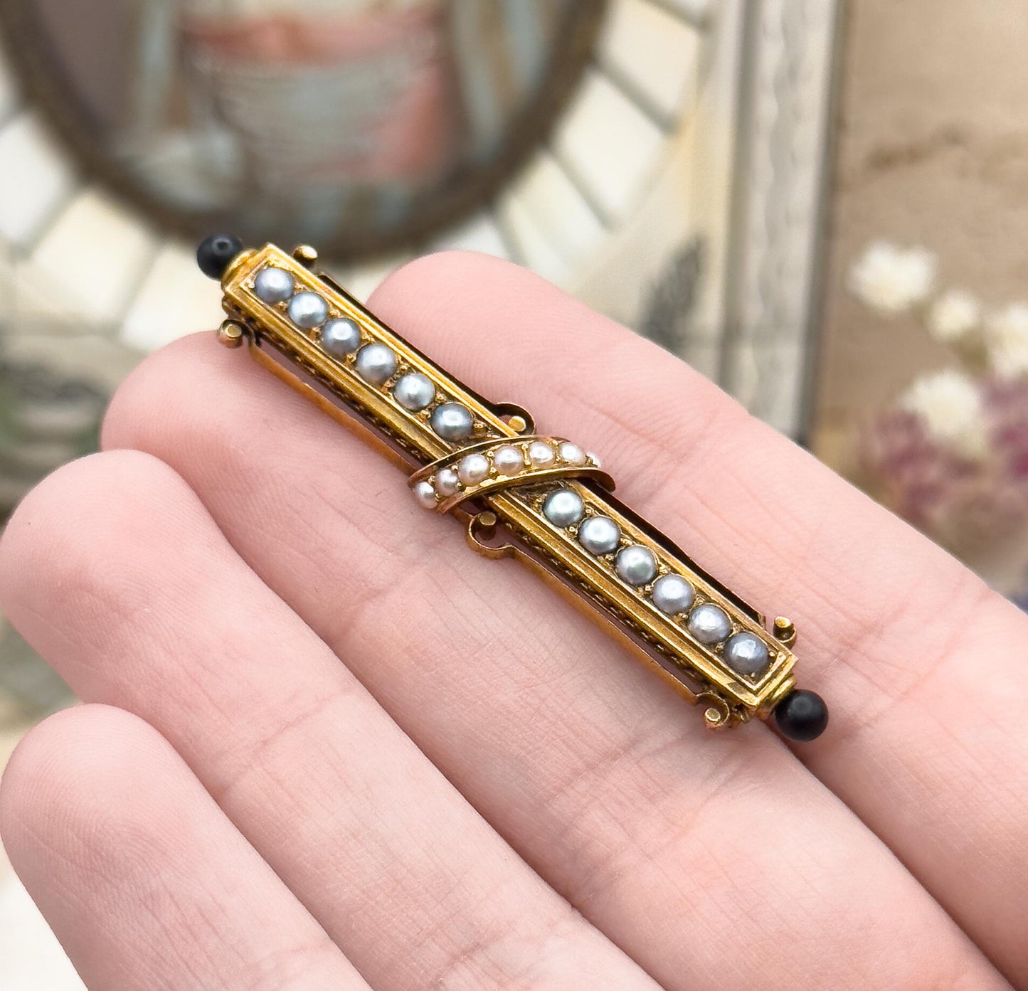Victorian 14K Gold Bar Brooch: Seed Pearls & Black Enamel