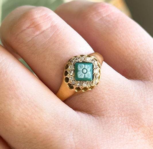 Antique Green Hardstone Cameo Flower Ring with Diamond Halo in 18K Gold