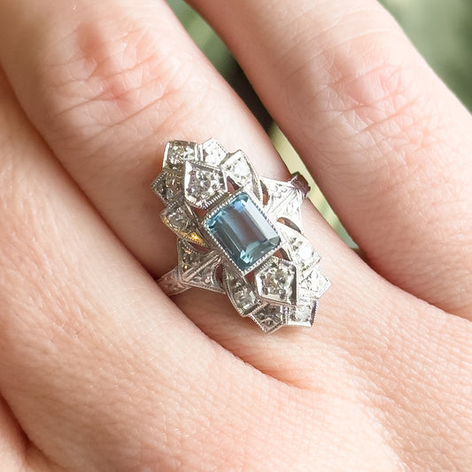 Art Deco Aquamarine & Diamond Shield Ring in 14K White Gold