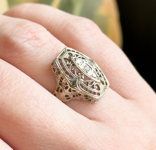 Art Deco Filigree Diamond Shield Ring in 14K White Gold