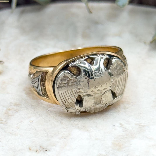 Vintage Scottish Rite Eagle Ring in two tone yellow and white 14K gold