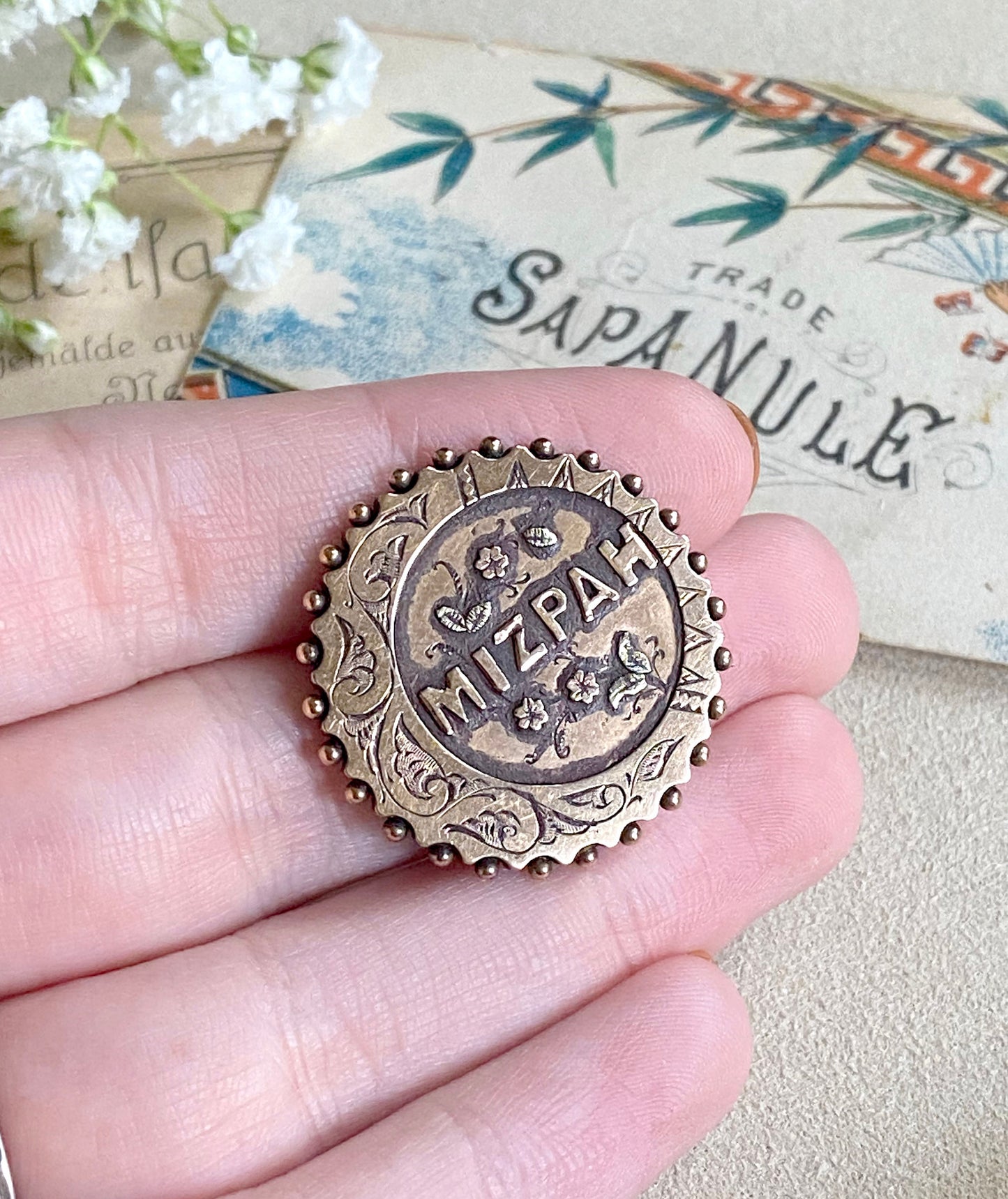 Victorian Mizpah Brooch in 9K Rose Gold, Edwardian Hallmarked