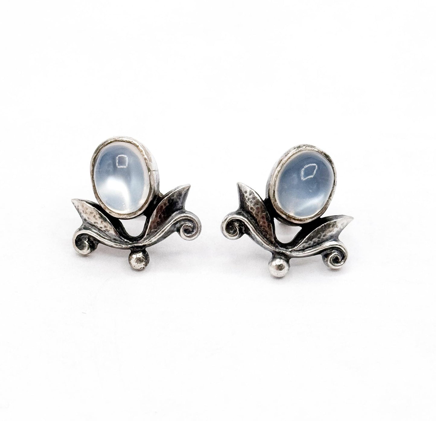 Vintage Art Nouveau Moonstone Stud Earrings: Silver Foliate Floral Design