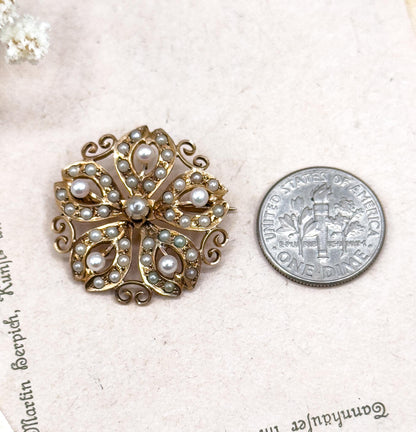 Edwardian 10K Yellow Gold Snowflake Brooch: Antique Seed Pearl Pin
