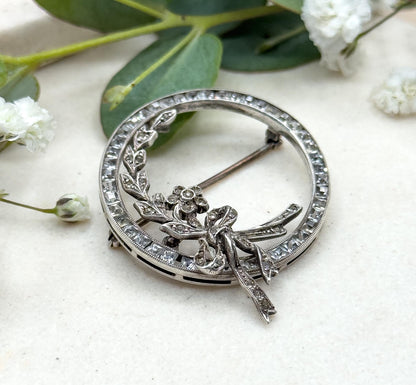 Antique Art Deco Floral Circle Brooch with Bow in Sterling Silver Antique Paste Wreath Brooch