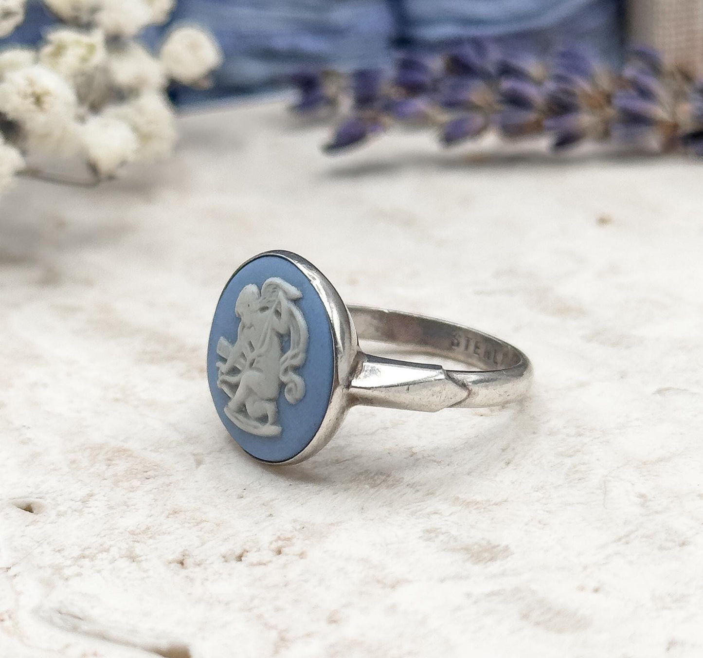 Vintage Wedgewood Ring in Sterling Silver with Cupid Camoe