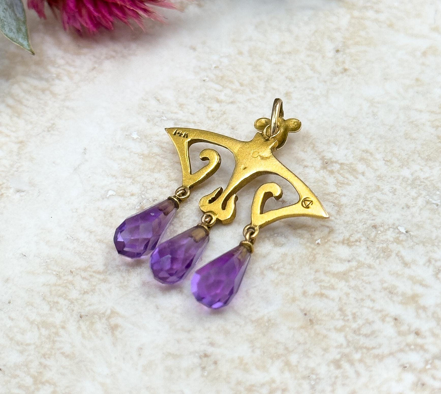 Antique Art Nouveau Pendant w Amethyst Briolette Drops in 14K Yellow Gold Jugenstil