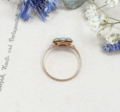 Antique Victorian Opal Flower Ring in 10K Rosę Gold w Ruby Paste Centerstone