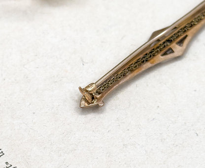 Antique Filigree Bar Pin in 10K Two Tone Yellow Gold  White Gold Floral Leaf design