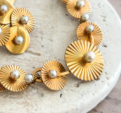 Vintage Midcentury necklace and earring set Engine turned disk necklace with Pearls