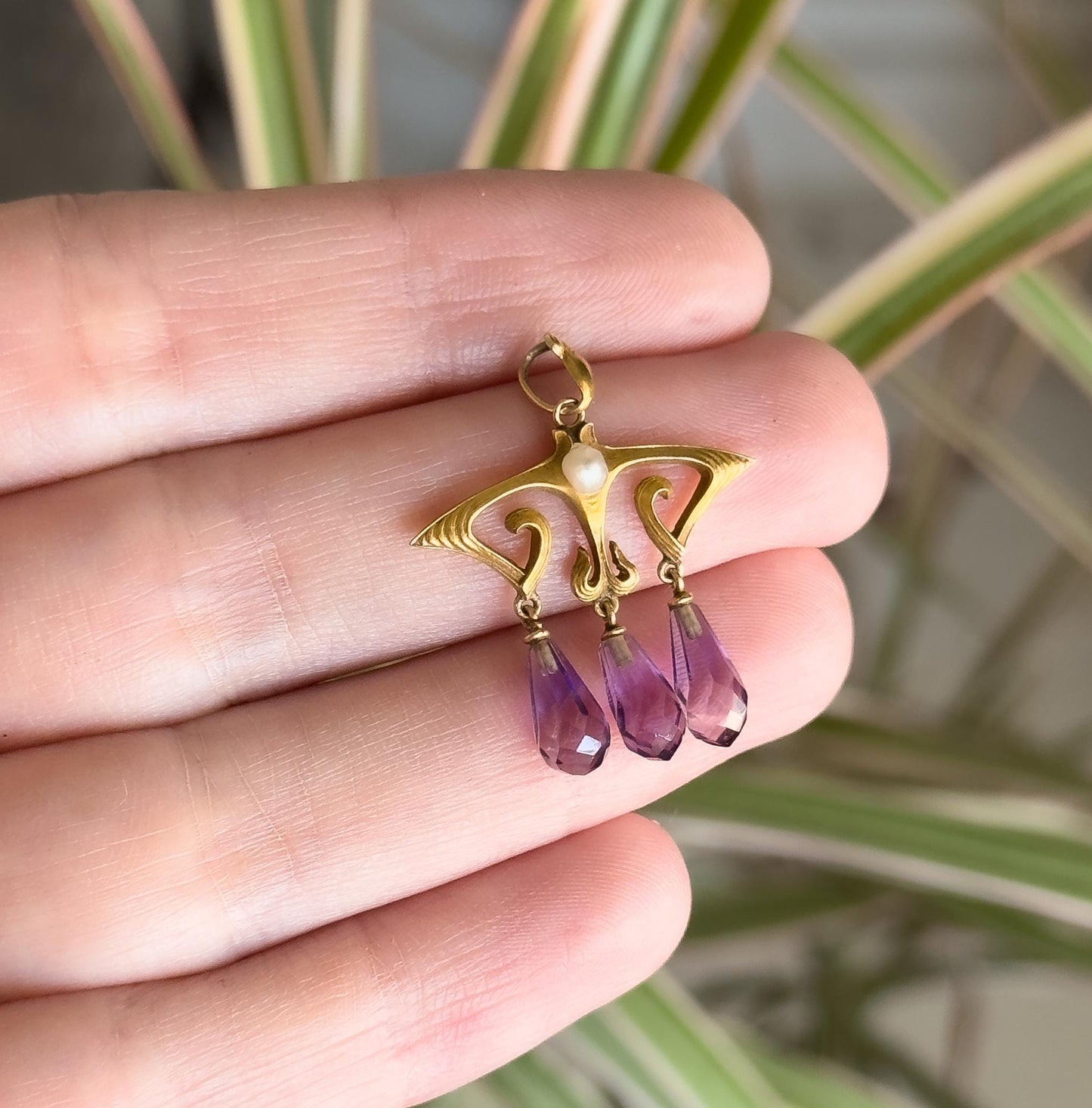 Antique Art Nouveau Pendant w Amethyst Briolette Drops in 14K Yellow Gold Jugenstil