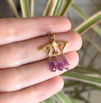 Antique Art Nouveau Pendant w Amethyst Briolette Drops in 14K Yellow Gold Jugenstil