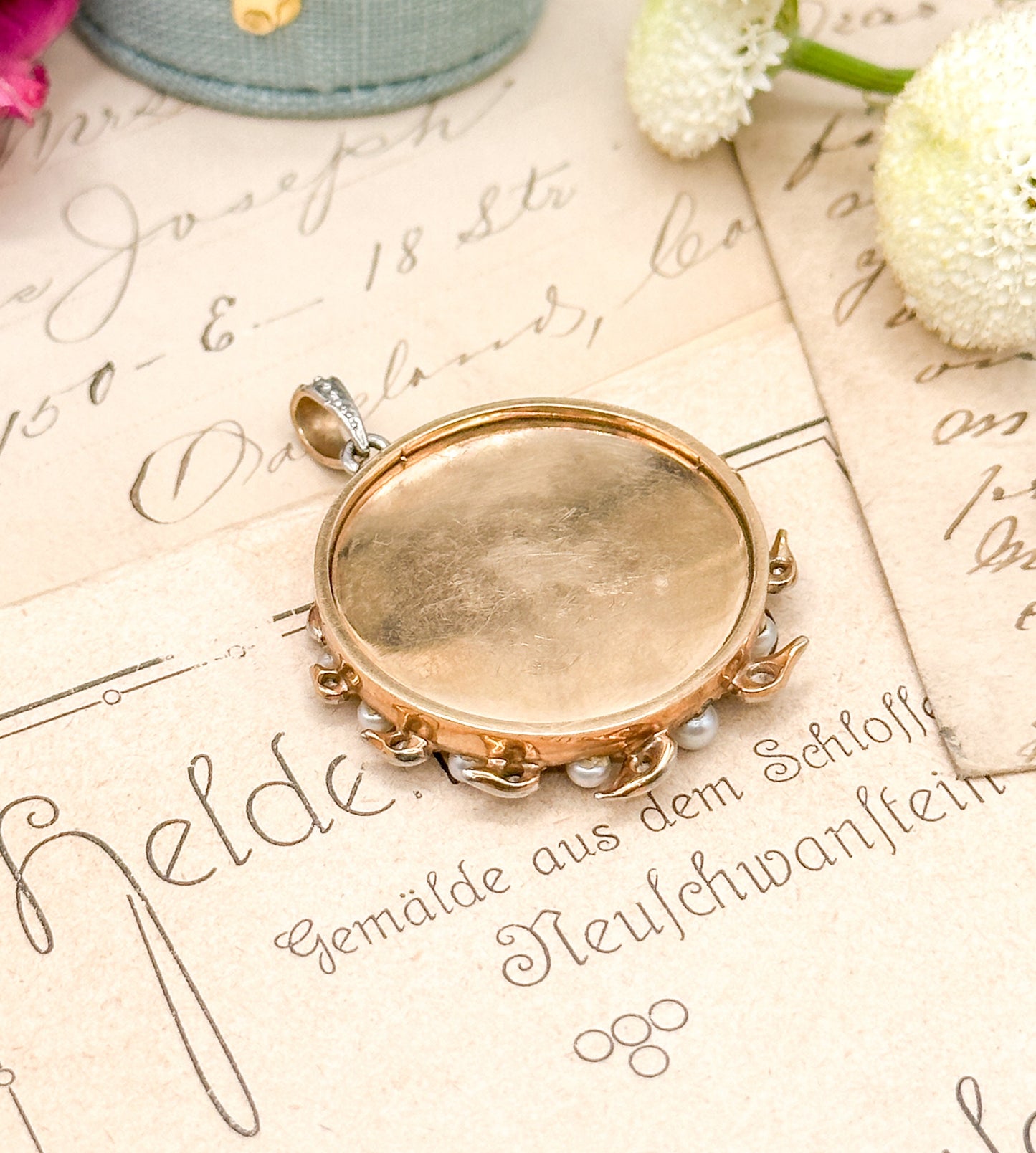 Antique watercolor portrait miniature in Platinum and 14k Gold Edwardian Portrait Pendant Locket