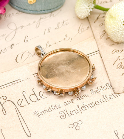 Antique watercolor portrait miniature in Platinum and 14k Gold Edwardian Portrait Pendant Locket