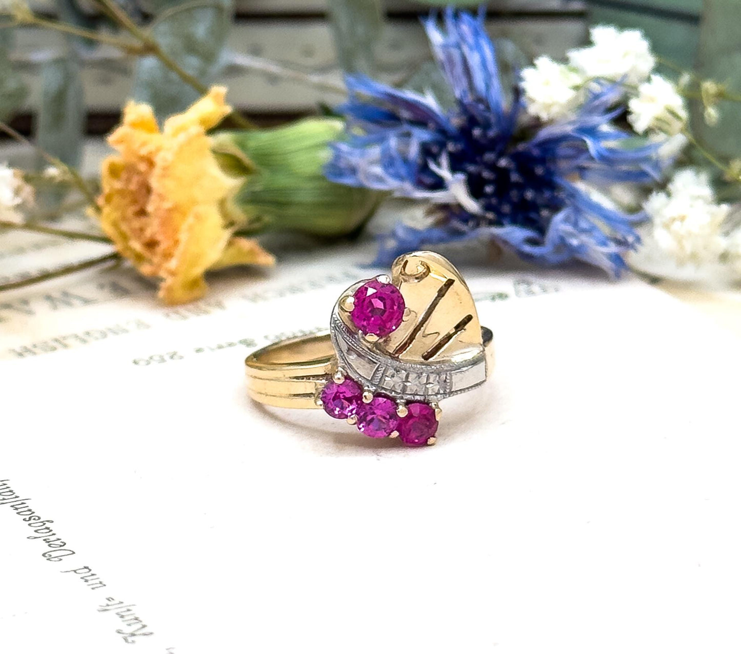 Retro Ruby Ring in 10K Yellow Gold and White Gold Two Tone Vintage 1940s Retro Era Jewelry Volute Ring synthetic Ruby Ring Pink Gemstone fun