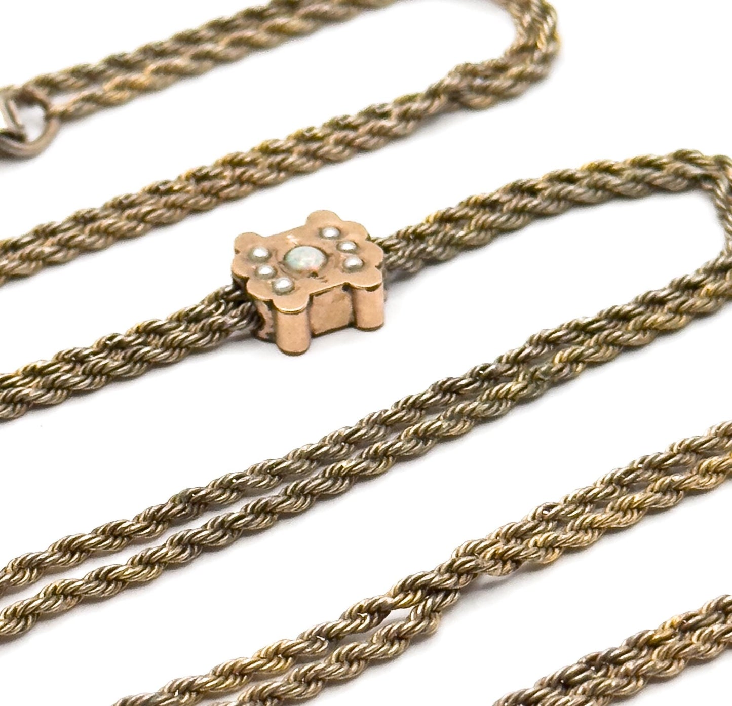 Antique Victorian Gold Filled Long Guard Chain with Opal Pearl Slider (AS IS)