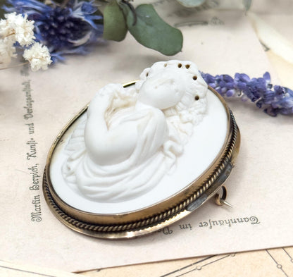 Victorian Lava Cameo Brooch: High Relief Bacchante Figure, 10K Gold