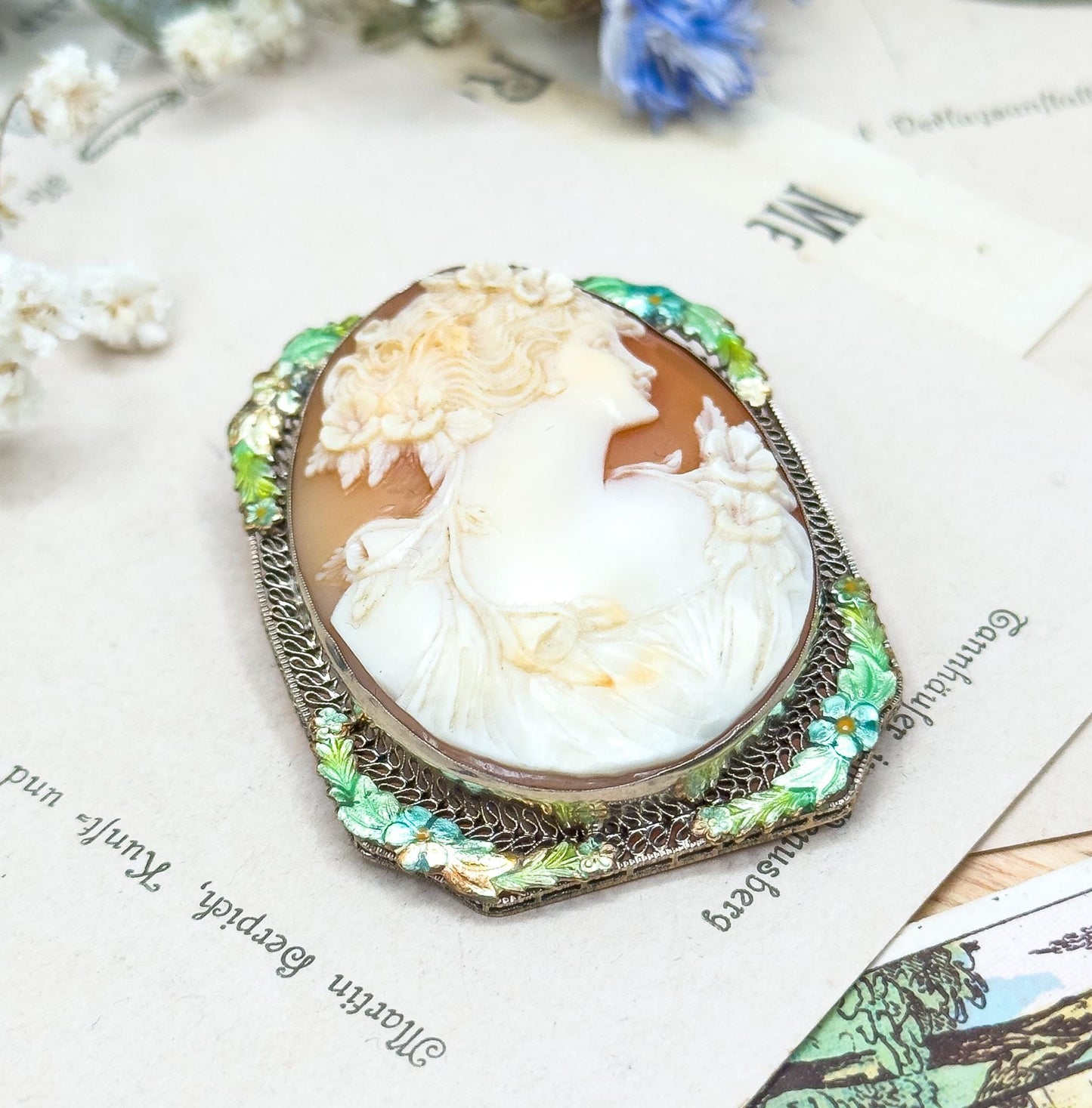 Edwardian Carved Cameo Flora in White Gold w Enamel Details