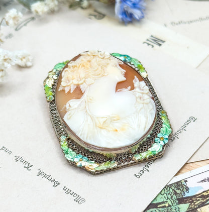 Edwardian Carved Cameo Flora in White Gold w Enamel Details
