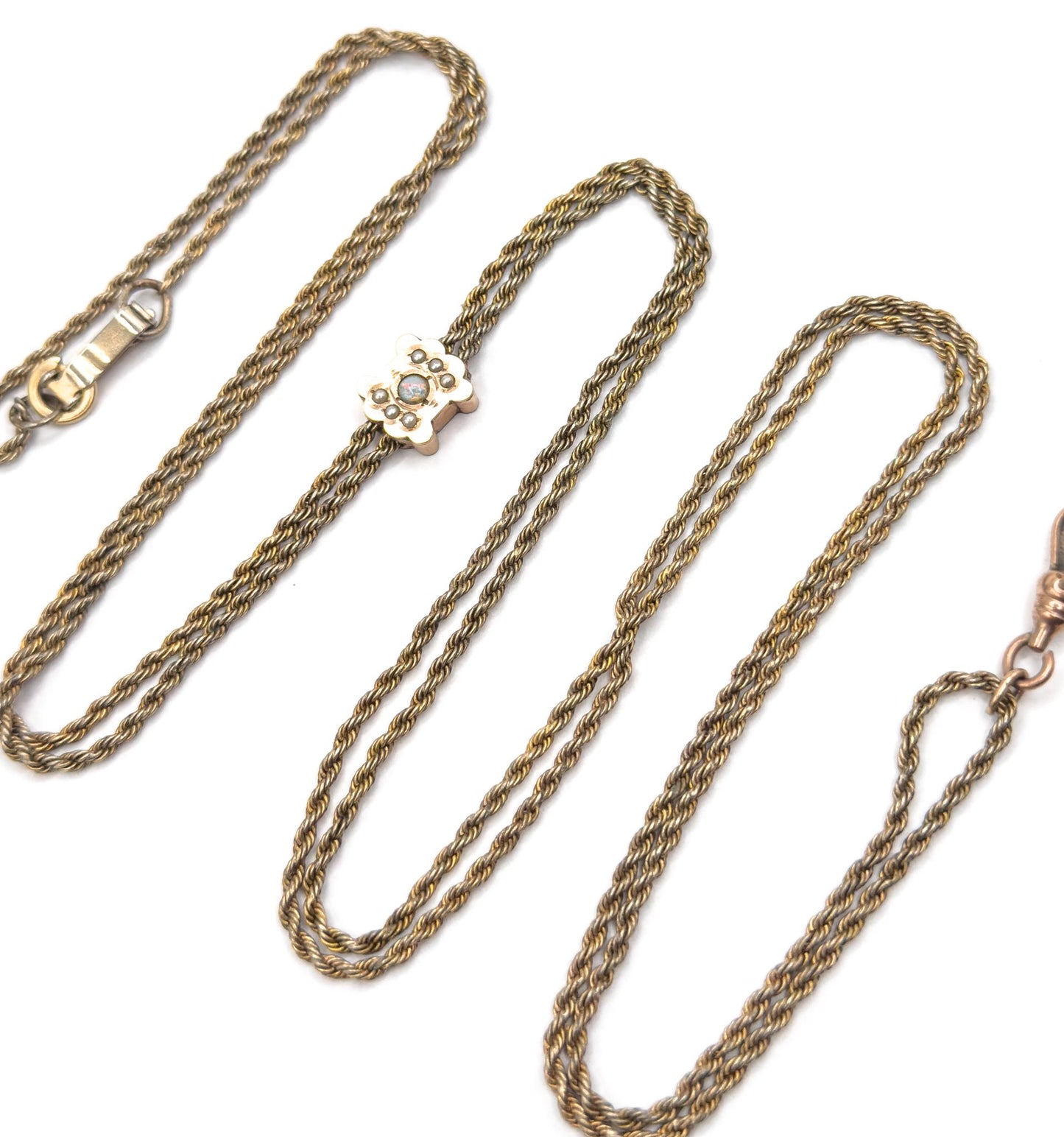 Antique Victorian Gold Filled Long Guard Chain with Opal Pearl Slider (AS IS)