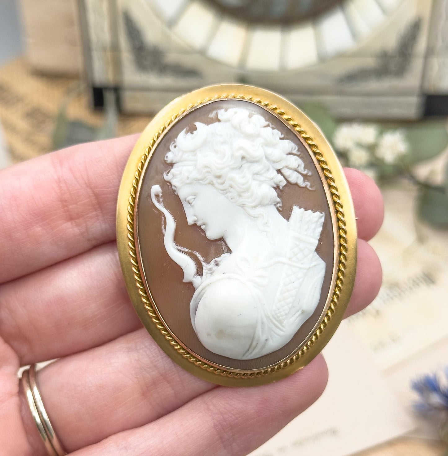 Exceptional Antique Carved Cameo of Artemis in High Relief Diana the Hunter in 14K Gold