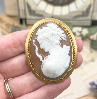 Exceptional Antique Carved Cameo of Artemis in High Relief Diana the Hunter in 14K Gold