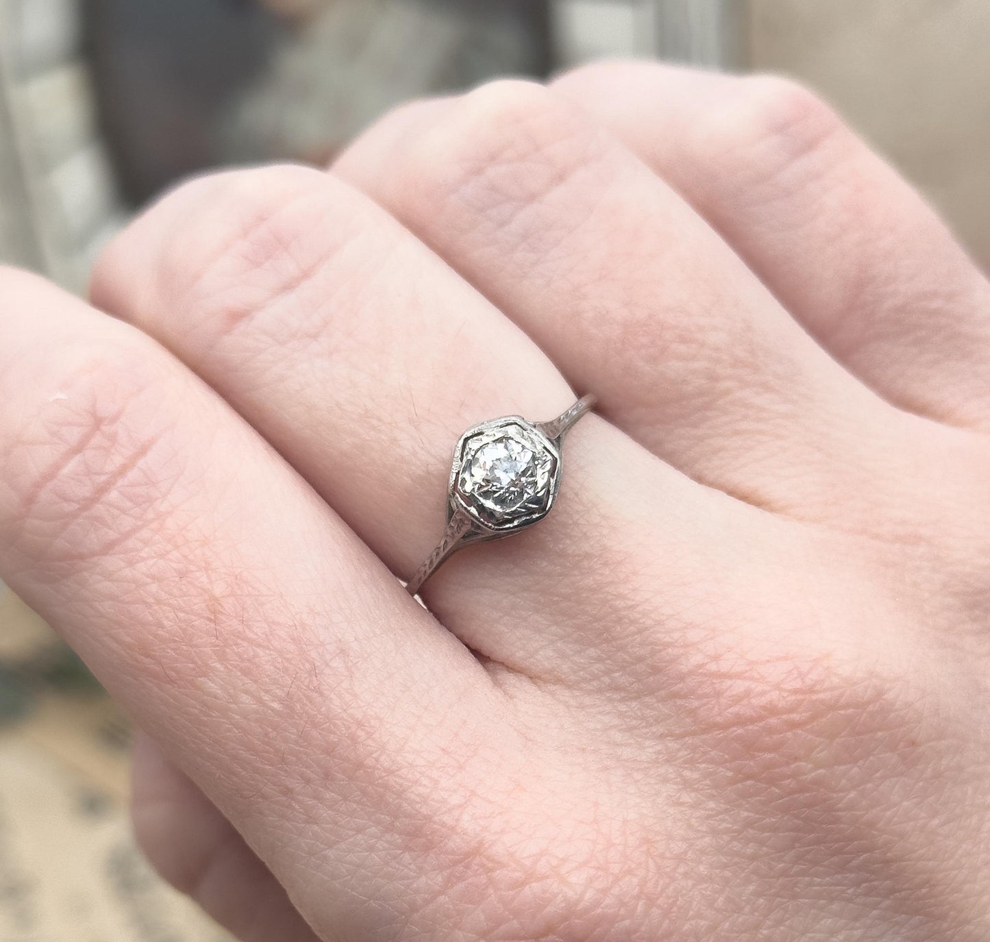 Antique Art Deco Filigree engagement ring in 14K / 10K White Gold Old European Cut