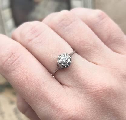 Antique Art Deco Filigree engagement ring in 14K / 10K White Gold Old European Cut