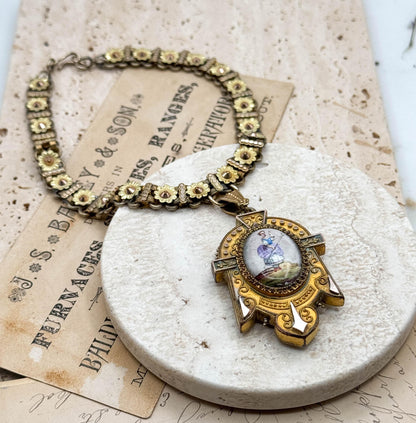 Antique Enamel Locket on Floral Book Chain Necklace - As Is