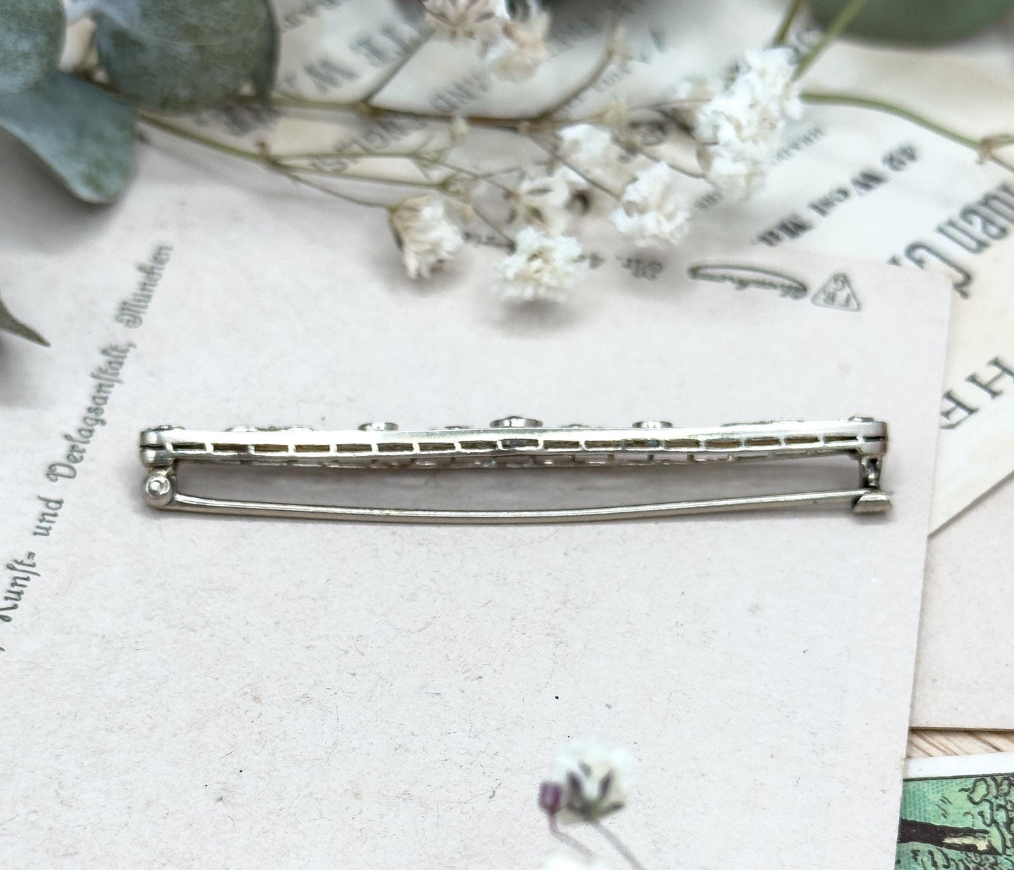 Art Deco Aquamarine Paste Brooch: 14K White Gold Filigree Pin