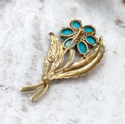 Vintage MidCentury Brooch  & Earring Set with Turquoise in 14K Yellow Gold