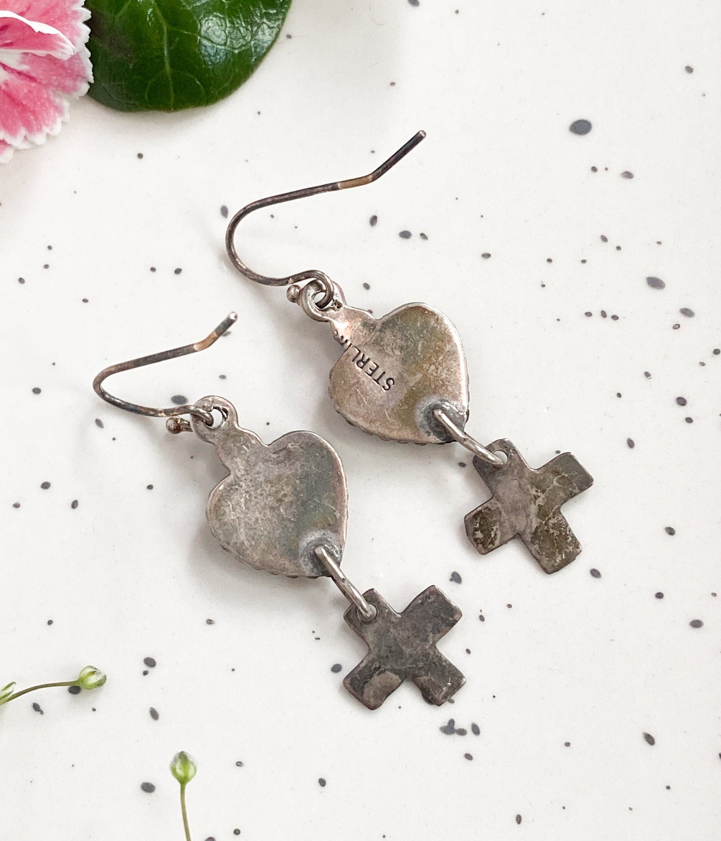 Vintage Silver heart & cross dangle earrings with Turquoise