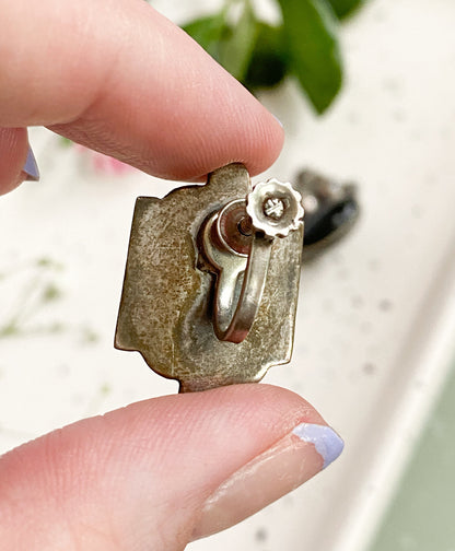 1940s Vintage Chunky Silver and Onyx earrings, screw back, 1930s Mexico