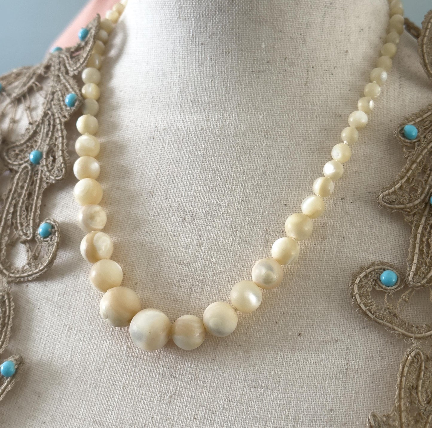 Antique Mother of Pearl Graduated Beaded necklace with 14K White Gold Clasp