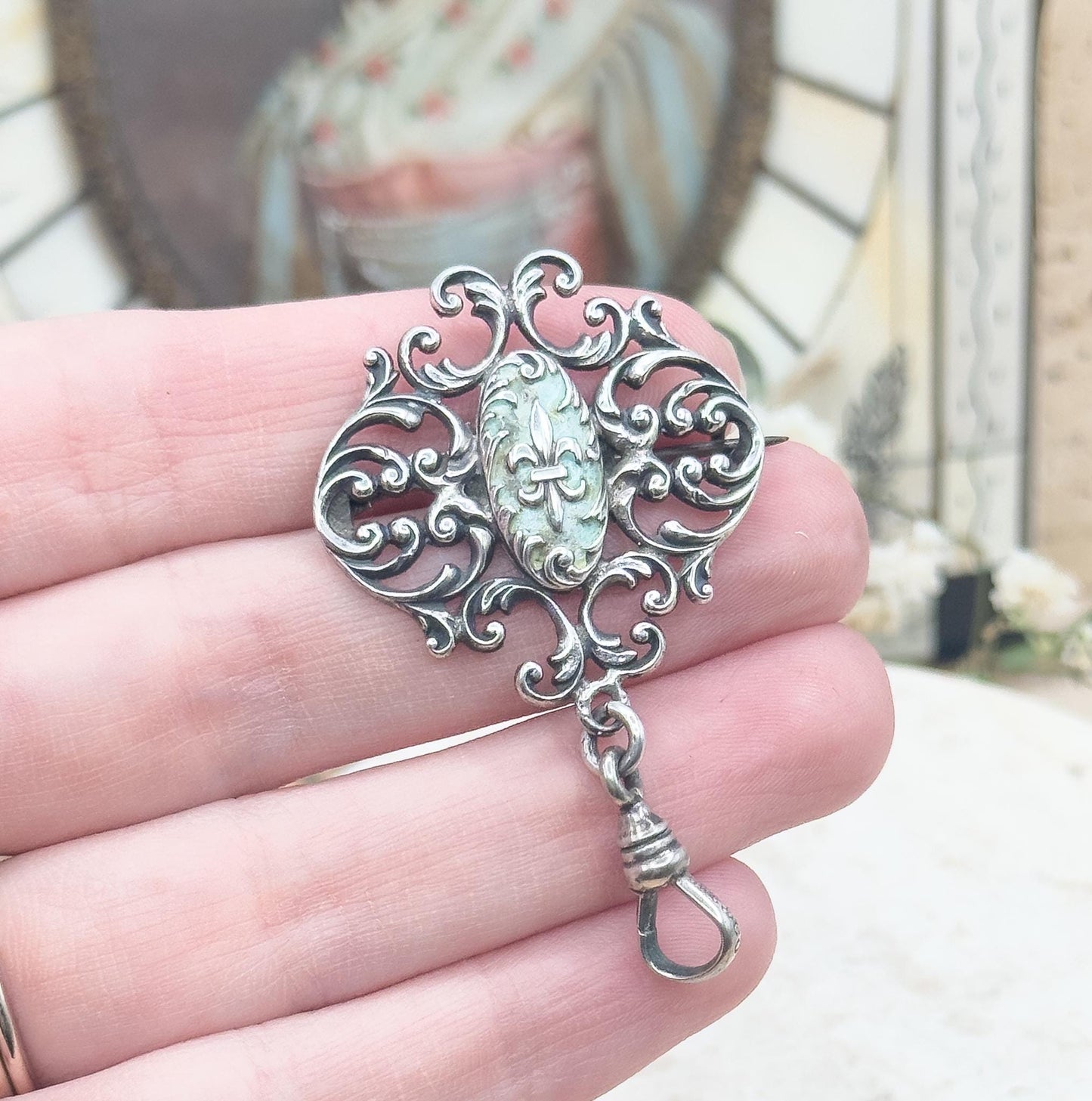 Victorian Watch Pin with Swivel Clasp in Blue Enamel Brooch