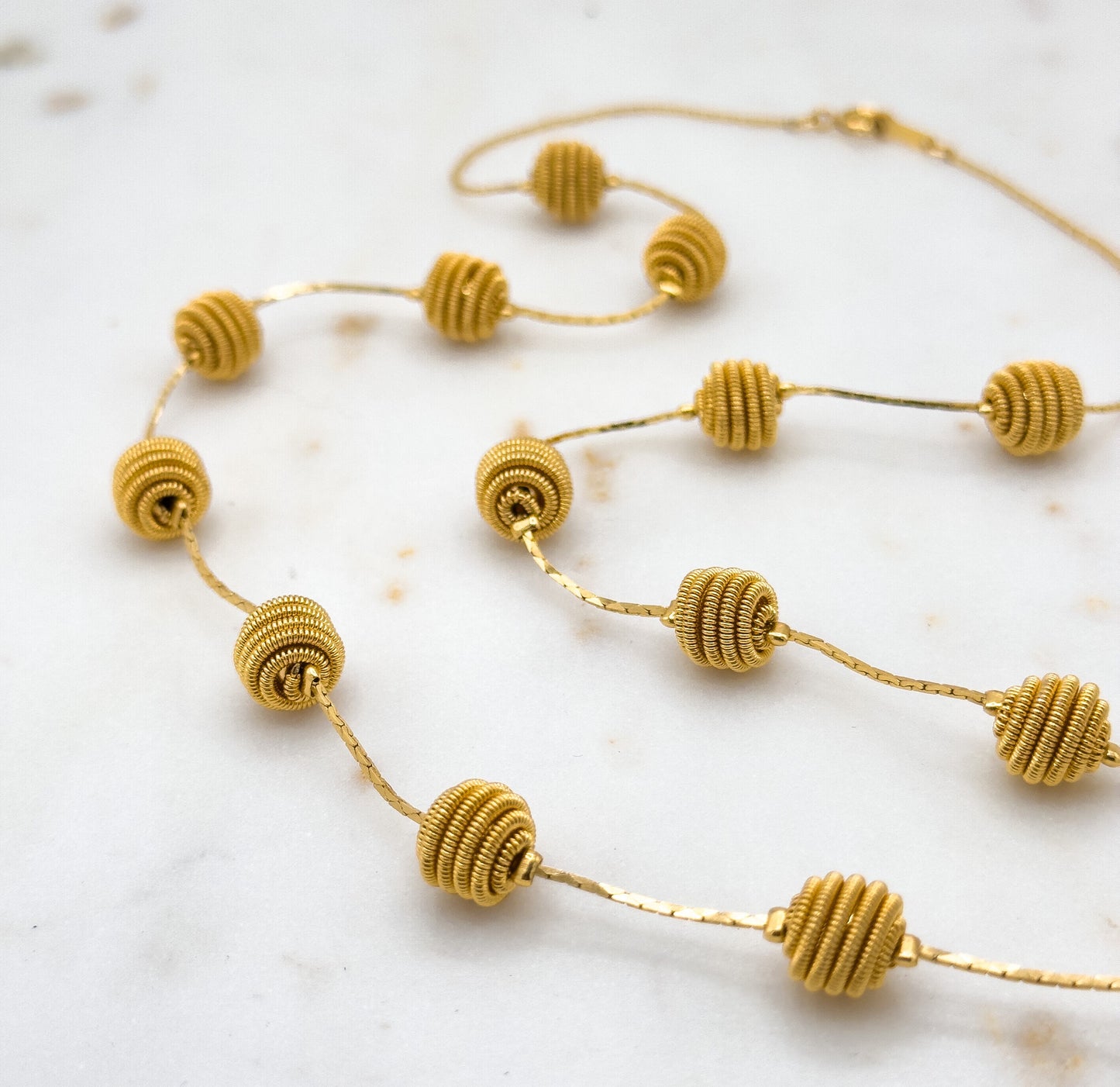 Fun Vintage Gold Beaded Necklace Wire Wrap Beaded Necklace Long Necklace 24in long Vintage Bead Necklace Neck Stack necklace Textured Beaded