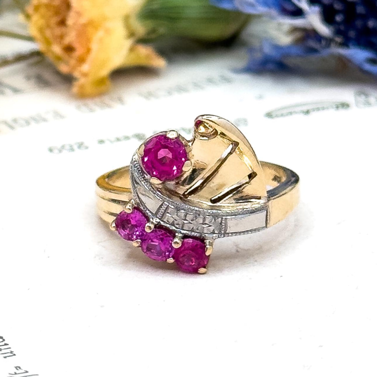 Retro Era 1940s Ring w Rubies and Diamonds in two tone gold