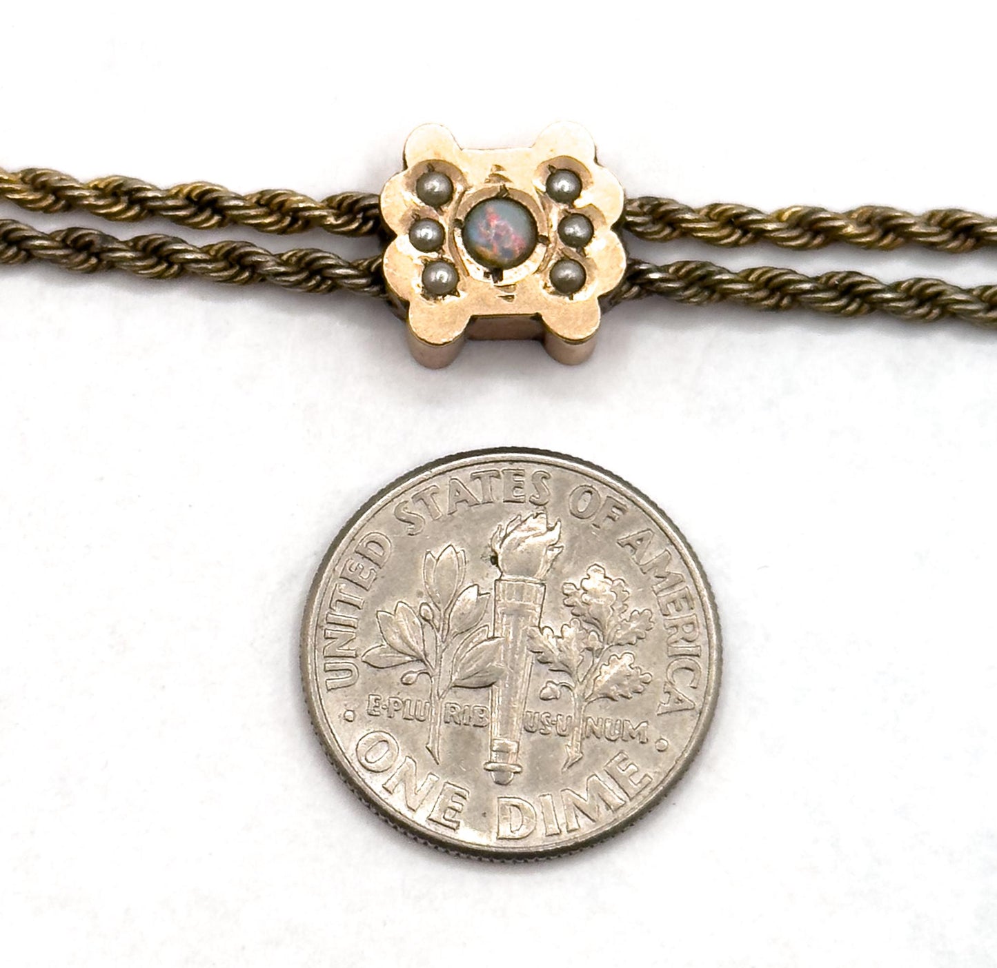 Antique Victorian Gold Filled Long Guard Chain with Opal Pearl Slider (AS IS)