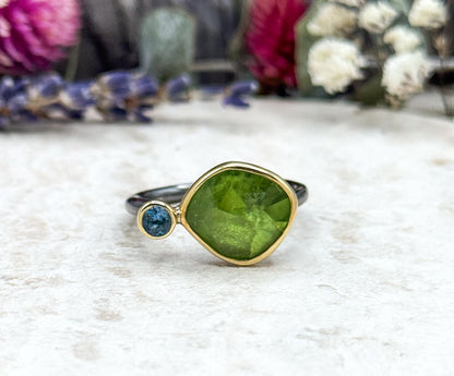 Artisan Rough Cut Peridot Ring with Blue Topaz Accent in Sterling Silver with 18K Gold